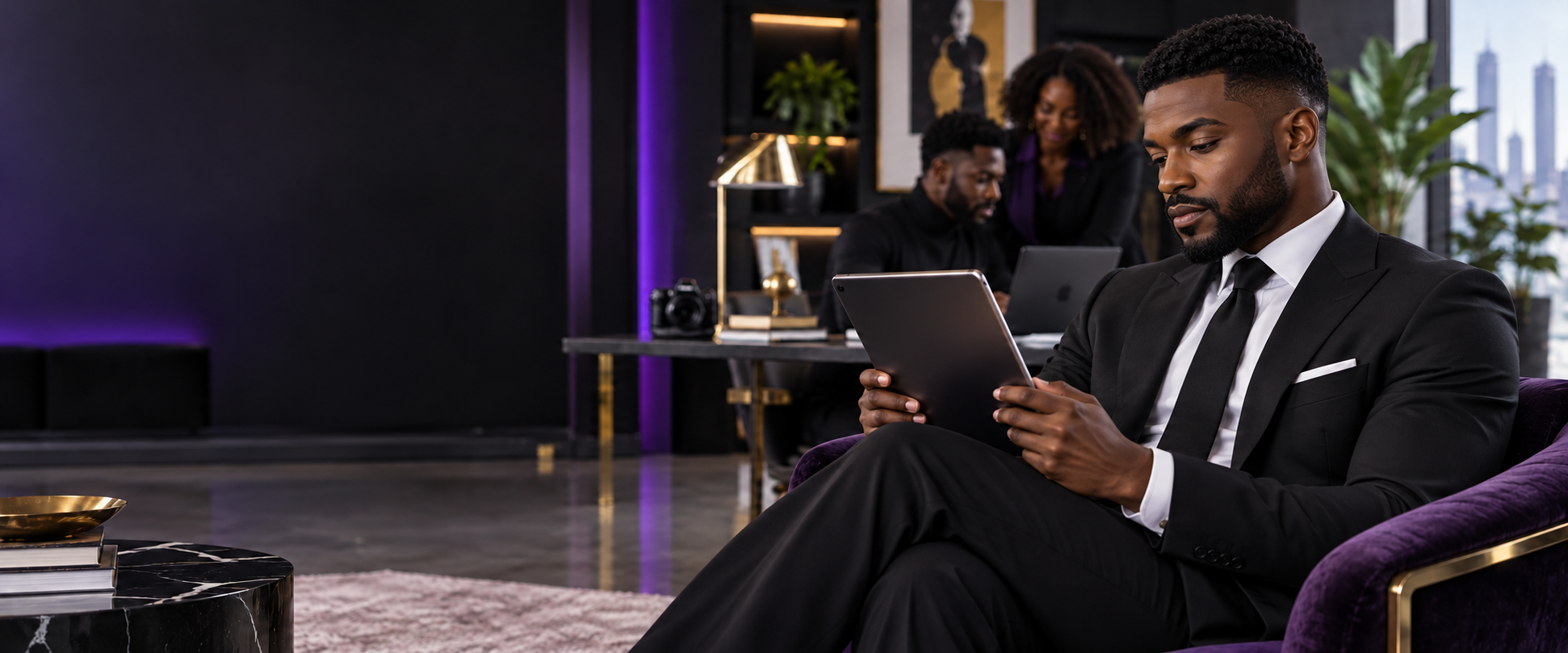 African-American readers engaging with a digital publication in a modern editorial studio